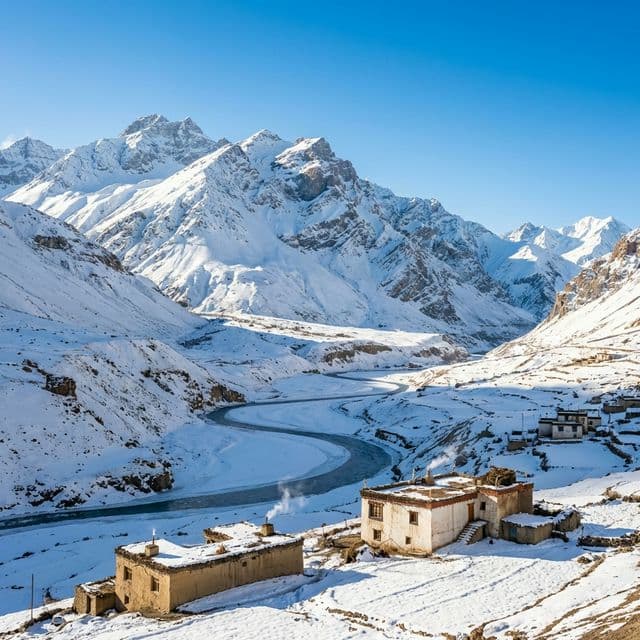 Snow-covered Spiti Valley mountains in winter